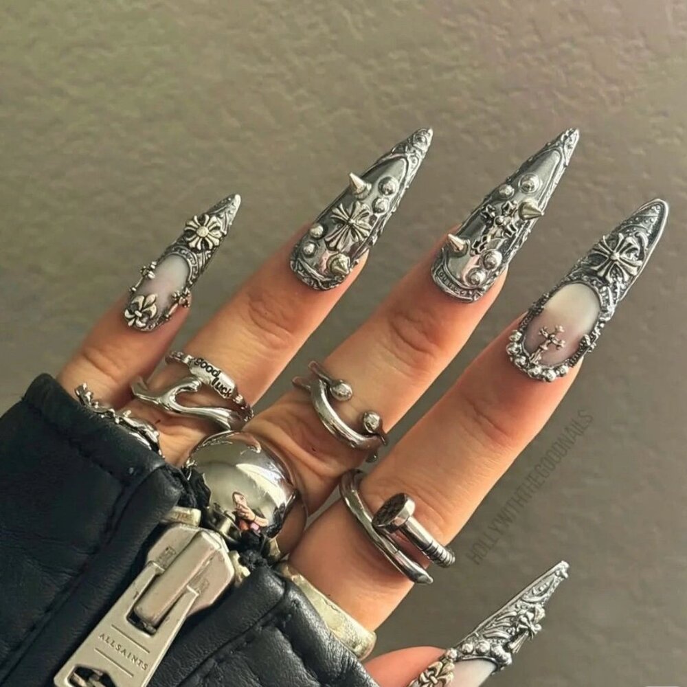 Handmade 3D Chrome Heart Gothic Press On Nails | Silver 3D Cross Nail Art